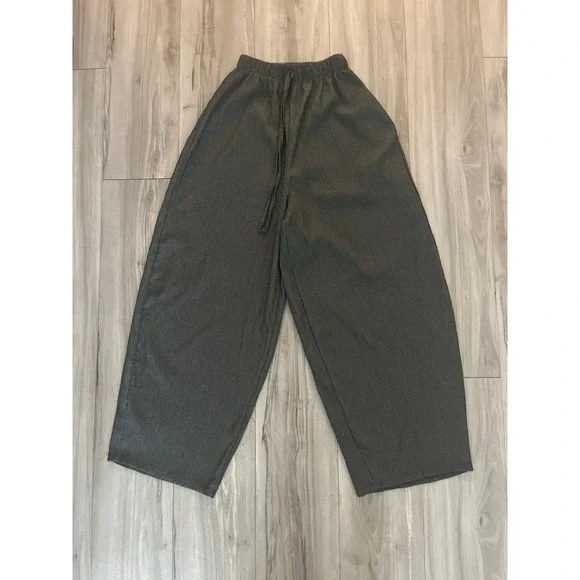 Zara Dark Grey Plisse Wide Leg Pants High Waist Textured Drawstring Small - Picture 1 of 5